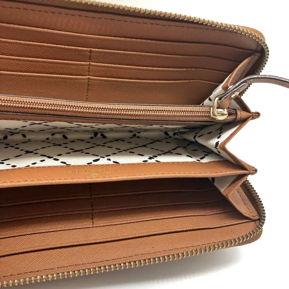 Kate Spade Cognac Saffiano Leather Zip Around Continental Wallet Gold Logo 2010s